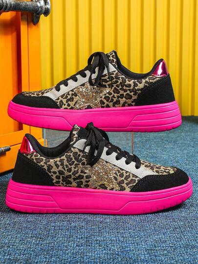 Wild Fashion Leopard Print Elements, Men's Casual Sports Shoes, Simple And Lightweight Flat Shoes, Fuchsia Outsole With Personalized , Large Size Couple Shoes, Skateboard Shoes
