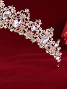 1pc Rose Gold Crystal Crown Bridal Hair Accessory, Birthday/Photo Shoot Headpiece - Pink - View 4