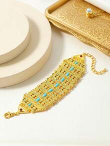 1件绿松石镶嵌镂空手链，女士派对饰品 - 金色 - 查看 5