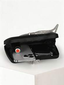 YMI STYLE Classic Elegant Satin Box Clutch, Sparkling Luxury Crystal Embellished Handbag, High-End Design Glittering Crystal Evening Bag Suitable For Galas, Birthdays, Parties, Weddings, Comes With Chain - Black - View 3