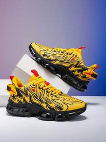 男士黄色火焰图案气垫休闲运动鞋，撞色饰边简约时尚透气系带跑步鞋 - 黃色 - 查看 6