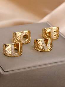 1pc Luxury Zirconia Letter Ring, Stainless Steel Thick Open Band Ring, Fashionable Hip-Hop Jewelry Gift For Women - Yellow Gold - View 2