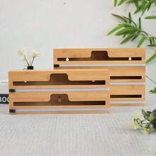 Bamboo Kitchen Wrap Organizer Wall Mounted Solid Bamboo Aluminum Foil & Plastic Wrap Dispenser With Slide Cutter - Khaki - View 4