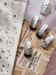 1pc New Minimalist Luxury Nail Stickers, Metallic Silver Star & Moon 3D Nail Art Decals, DIY Camera, Pen, Computer Stickers With Self-Adhesive, Suitable For Nail Art Design, Y2K Nail Stickers - Multicolor - View 4