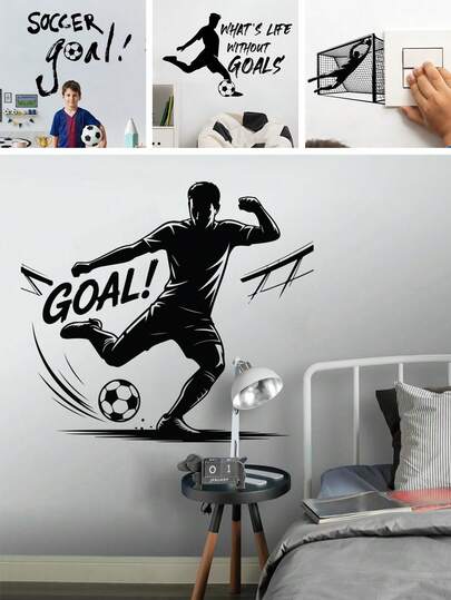 BRUP 1 Hoja "GOAL!" Adhesivo de pared de silueta de jugador de fútbol en blanco y negro, calcomanía minimalista de patada de fútbol dinámica para la decoración de la habitación del niño, la sala de juegos, el dormitorio, el aula, tema deportivo, arte estético, desprendible y autoadhesivo