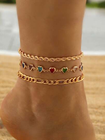 3件套优雅时尚彩色心形流苏吊坠脚链套装，多层金属编织链首饰套装，女士派对宴会完美礼物