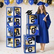 2026 Graduation Season Blue, Gold And Black Transparent Balloon Box Decor, Includes Graduation Cap And Letter Cards, Suitable For Graduation Party And Classroom Event Decoration As Well As Photo Props - Multicolor - View 3