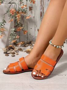 Ximi Ruo Wide Fit Rhinestone Embellished Comfortable Slippers, Korean Casual Flat Sandals For Women, Open Toe Slides For Spring, Summer, Beach, Casual Wear - Orange - View 3