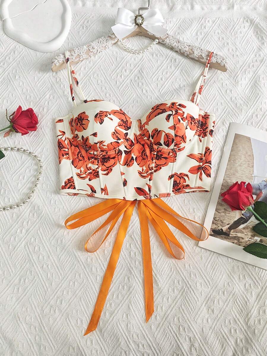 Women's Adjustable Strap Floral Print Heart Neck Waist Tie Blouse