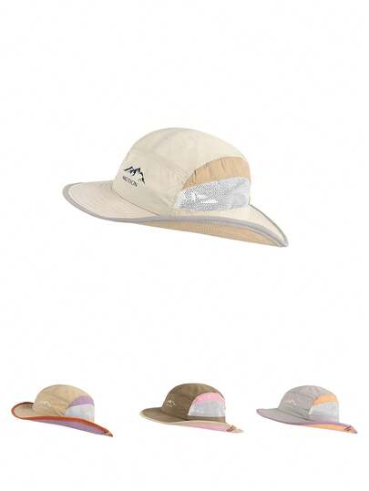 1 pieza Sombrero de cubo para mujer, transpirable y de secado rápido con bloque de color e impresión en inglés, ajustable, casual, impermeable, para exteriores, viajes, ciclismo, turismo, fiestas callejeras y deportes