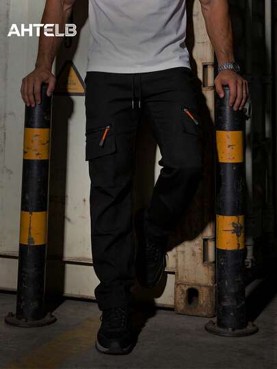  AHTELB Men's Solid Color Casual Cargo Pants, Breathable Comfortable Fashion Suitable For Outdoor Sports, Multi-Pocket Loose Straight Leg Trousers, Spring/Summer/Autumn