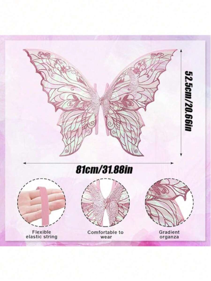 成人仙女翅膀服装，闪亮透明蝴蝶仙女万圣节装扮，天使翅膀，精灵翅膀（包含翅膀和星星魔杖） - 彩色 - 查看 1