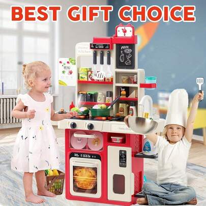 Red Kids Play Kitchen Set, Toddler Kitchen Playset With Sound & Light, Cooking Stove With Steam, Play Sink, Play Food Toy And Kitchen Accessories, Kitchen Toy For Kids Girls Boys - Red