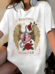 Beautiful Disaster Angel Wings Heart Chain Rose Graphic T-Shirt For Women Unisex Casual Fashion Top Streetwear Style Summer Shirt - 白色 - 查看 1