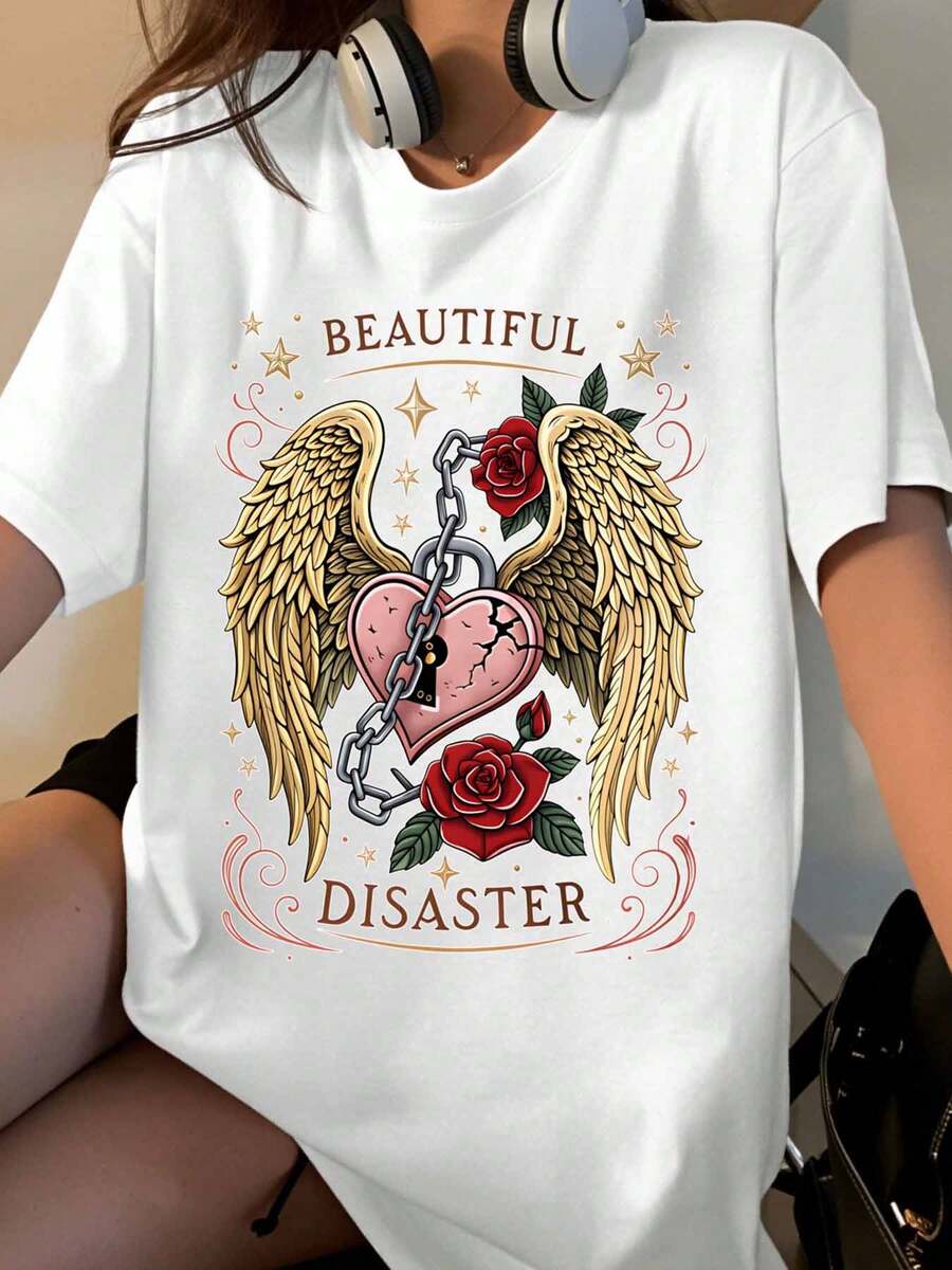 Beautiful Disaster Angel Wings Heart Chain Rose Graphic T-Shirt For Women Unisex Casual Fashion Top Streetwear Style Summer Shirt - 白色 - 查看 1