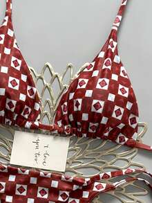 Conjunto de bikini de 2 piezas con estampado geométrico para mujeres, estilo europeo y americano, para vacaciones y verano en la playa - Burdeos - Ver 3