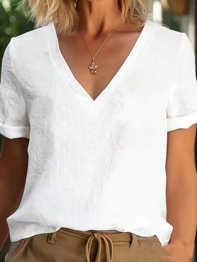 Áo kiểu nữ thanh lịch phong cách Bohemian cổ chữ V tay ngắn, chất liệu vải lanh trắng, dáng rộng thoải mái, phù hợp cho đi làm hàng ngày/nghỉ dưỡng, đa năng, nhẹ và thoáng khí cho mùa hè.
