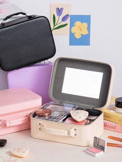 1个时尚米色、黑色、紫色化妆包，带镜子，大容量化妆品收纳袋，便携式化妆品整理盒，礼品