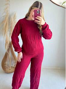 WOMEN'S WINTER MOUSSE KNITTING SET WITH PANTS AND BRAIDED BLOUSE - 紅色 - 查看 3