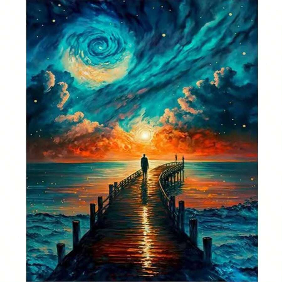 1幅2D DIY钻石画，梦幻星空海滨步道，钻石艺术风景画，手工装饰画，适用于客厅或卧室，是节日礼物的完美之选。 - 查看 1