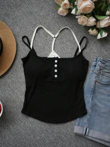 New Arrival Spring/Summer Elegant 2 In 1 Cropped Camisole, Women Fitted Sweet Outerwear Top Casual Black - Black - View 1