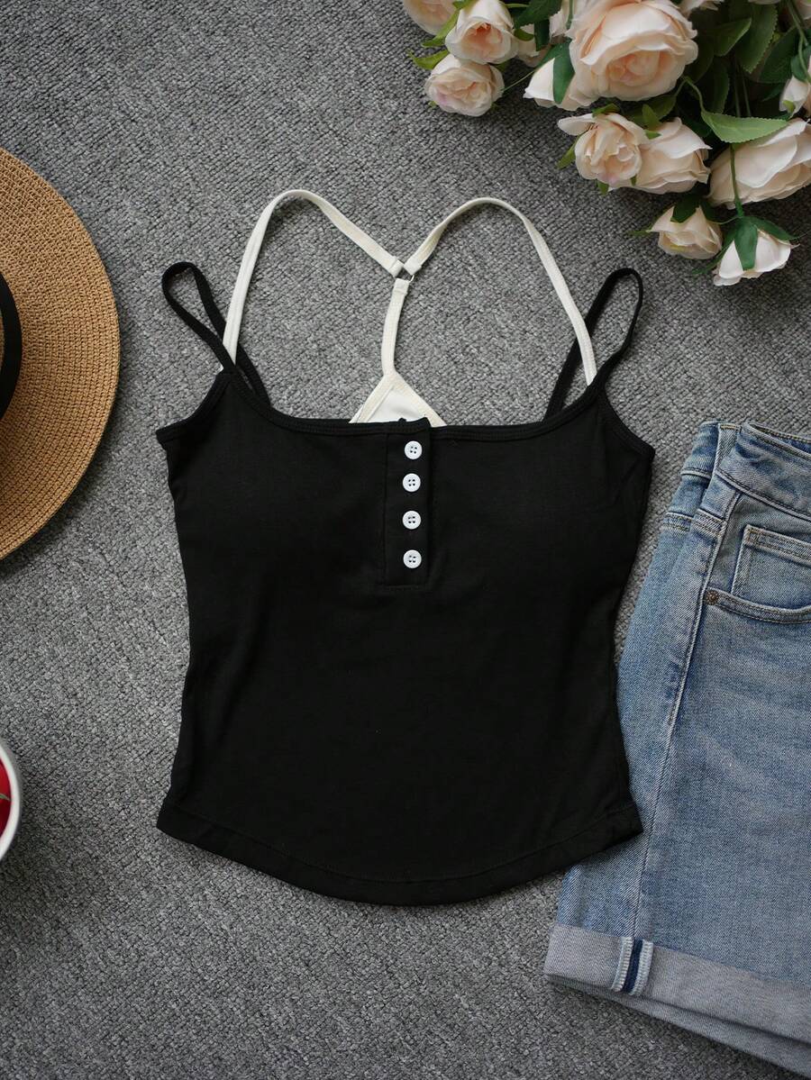 New Arrival Spring/Summer Elegant 2 In 1 Cropped Camisole, Women Fitted Sweet Outerwear Top Casual Black - Black - View 1