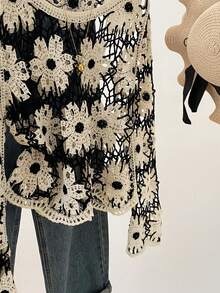 French Retro Hollow Out Knit Cover Up Women, Black & White Large Floral, Flare Sleeve, Sun Protection Cover Up For Summer Beach Vacation Spring - Black and White - View 4