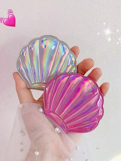 1 chiếc gương trang điểm hình vỏ sò bóng loáng, gương trang điểm cầm tay gấp gọn hai mặt phóng đại, gương trang điểm mini di động, món quà nhỏ thanh lịch phù hợp cho các bữa tiệc.