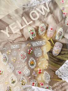 1 Pc 5D Fresh Style Lace Nail Stickers, Embossed Spring Forest Series Lace Bouquet Nail Decals, European Style White Lace Nail Art Decorations - Multicolor - View 3
