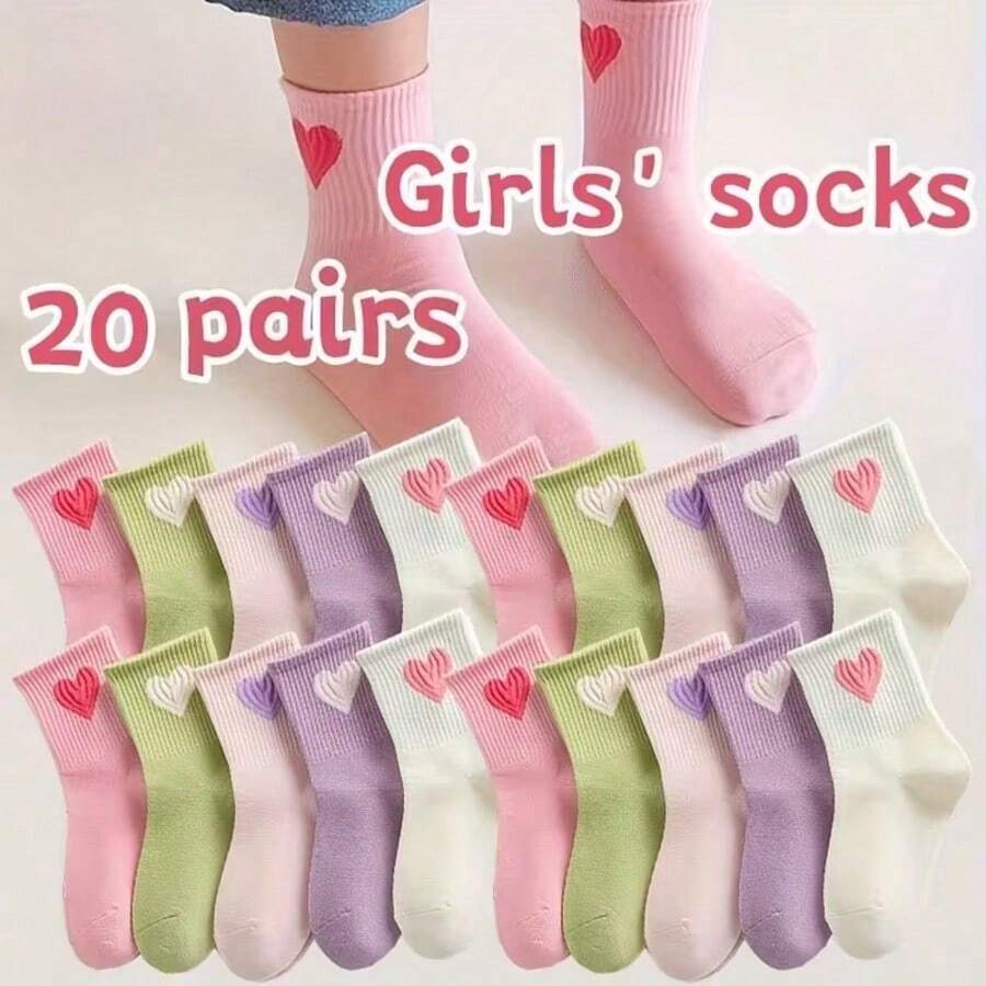 20 Pairs Cotton Children's Socks, Cute Heart Pattern, Versatile Mid-Calf Socks For Boys & Girls, Spring/Summer/Autumn - Multicolor - View 1