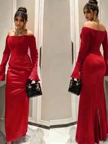 Đầm dạ hội màu trơn thanh lịch, gợi cảm, có khóa kéo, xếp ly, xẻ tà, trễ vai, thích hợp cho tiệc cưới mùa xuân. - Đỏ - Xem 1