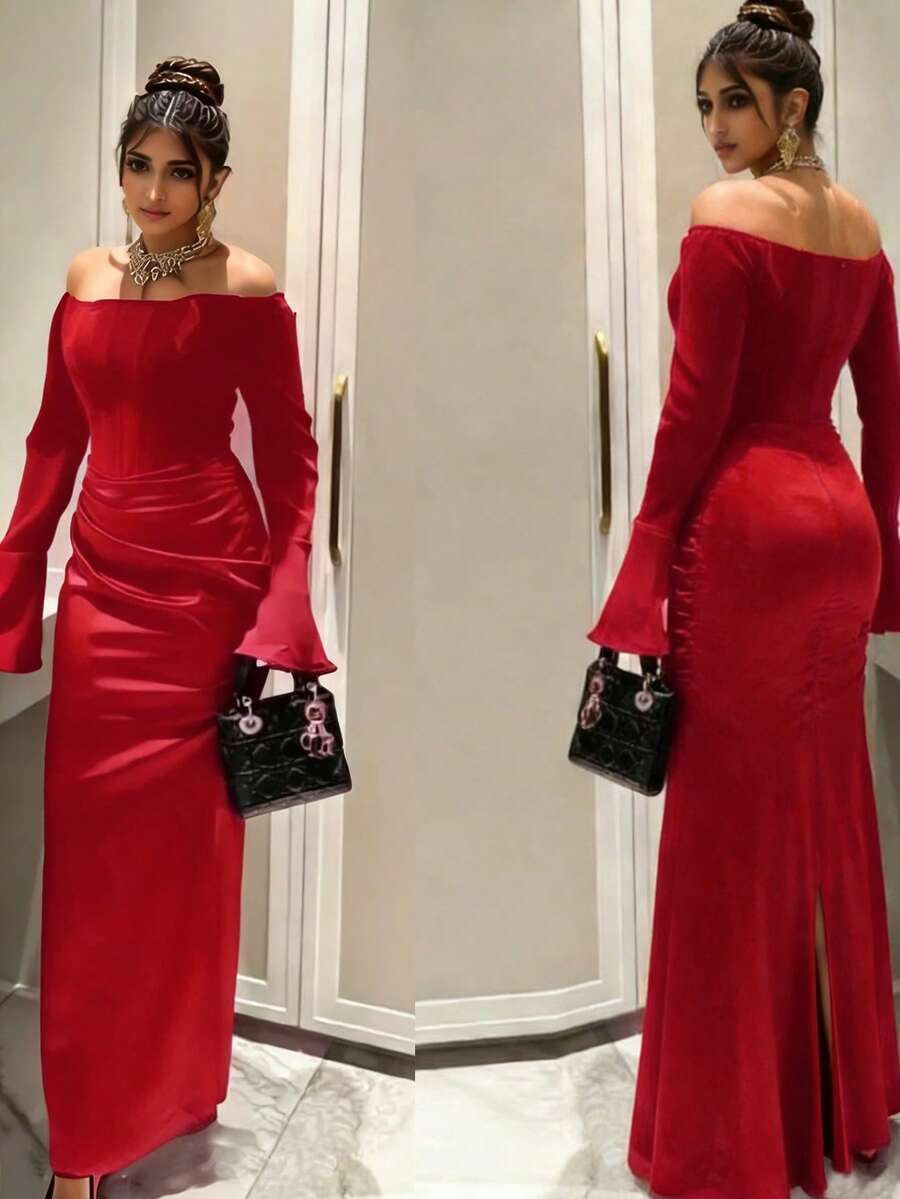 Đầm dạ hội màu trơn thanh lịch, gợi cảm, có khóa kéo, xếp ly, xẻ tà, trễ vai, thích hợp cho tiệc cưới mùa xuân. - Đỏ - Xem 1