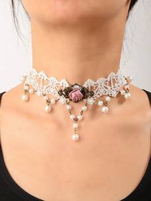 Vintage French Romantic Casual Music Festival Bohemian Rose Flower Choker Necklace - Rose Necklace - View 1