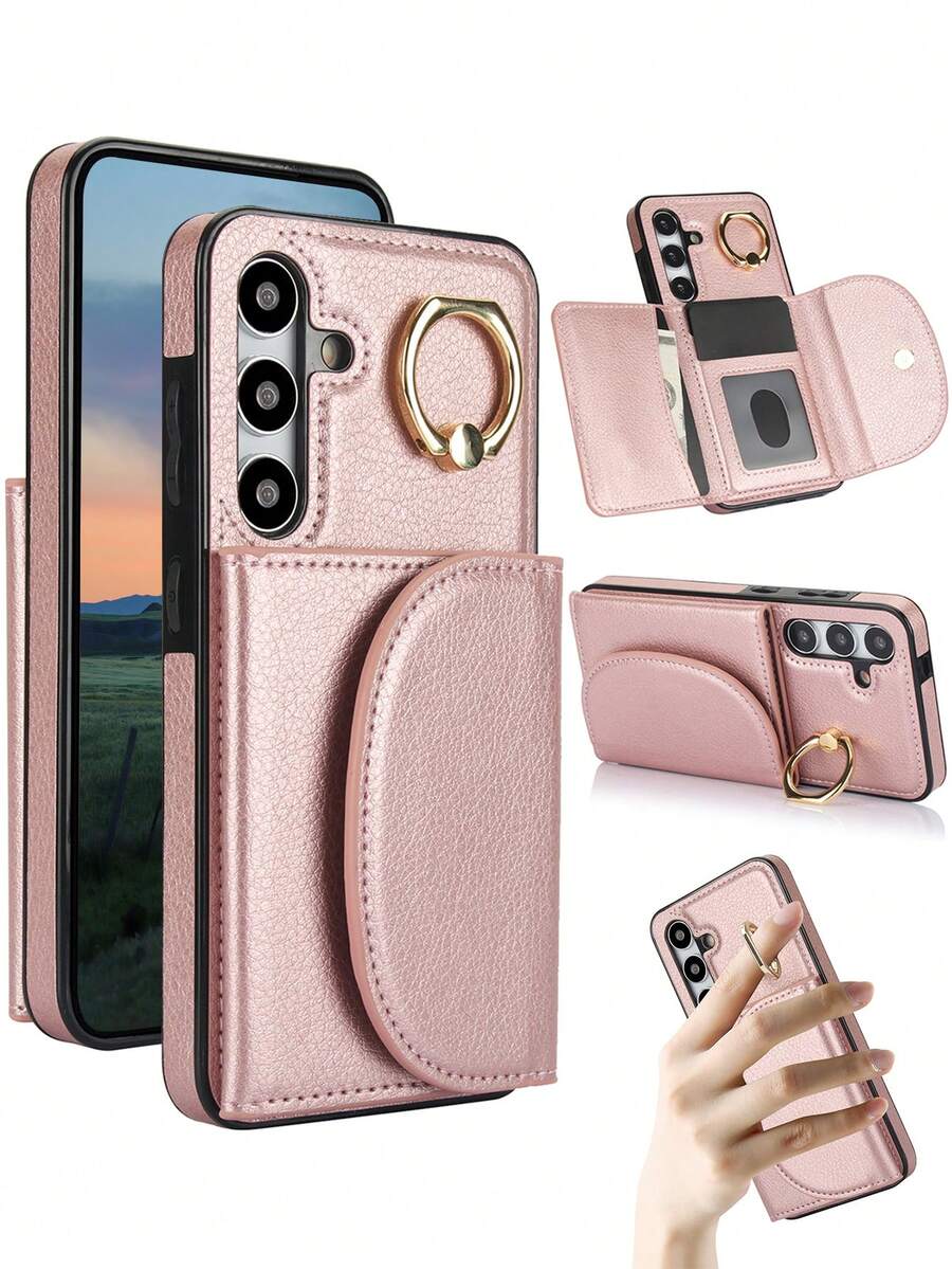 PU 人造皮革手機殼，相容 Galaxy A17 A56 A36 A26 A16 A55 A35 A15 A54 A14 A73 A53 A13 A72 A52 A71 A51 4G 5G，附環形支架，RFID 防盜錢包手機殼，相容 Galaxy S26 S25 Edge S24 S23 S22 S21 FE Plus Ultra，附支架、卡槽卡夾保護殼