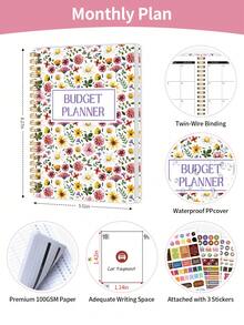 Trees Quick Budget Planner Notebook With Stickers, 116 Pages, A5 Portable Monthly Bill Payment Checklists With Spending Chart & Transparent Pockets, For Home School Office Supplies, Gifts For Friends - Flower Style - View 5