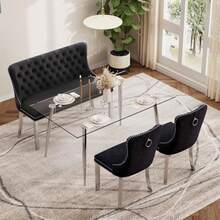 Baysitone 51" Glass Dining Table Set For 4 4 Piece Modern Dining Room Set Rectangular Glass Kitchen Table With 2 Upholstered Velvet Chairs And Dining Bench BlackandSilver - 米色和金色 - 查看 4