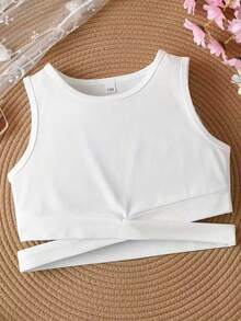 女童夏季两件套：无袖露脐上衣 + 高腰百褶裙 - 白色 - 查看 5