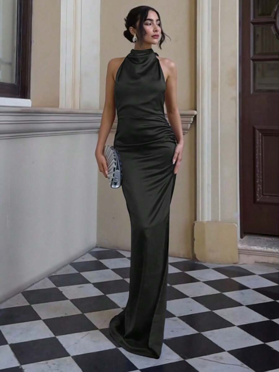 Basrey 新款优雅黑色纯色露背系带高腰褶皱修身露背鸡尾酒礼服，美人鱼长裙，适合婚礼、派对、约会等场合，情人节春季款。