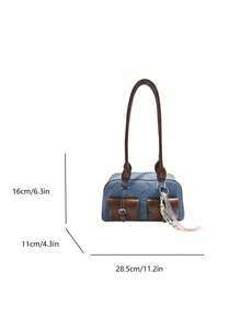 Faux Leather Solid Color Retro Multi-Pocket Large Capacity Women's Shoulder Bag, Comes With Accessory Charm (Accessory Charm May Vary Slightly By Batch) - Blue - View 4