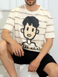 Men's Striped Cartoon Character Print Short Sleeve Shorts Pajama Set, Comfortable Summer Loungewear - Multicolor - View 2