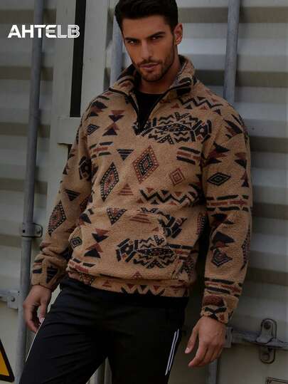  Sudadera holgada de felpa con estampado para hombre AHTELB, casual con cuello alto de media cremallera y manga larga, adecuada para uso al aire libre