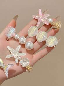 Conjunto de 5 presilhas de cabelo em formato de cauda de sereia com conchas de estrela-do-mar rosa, presilhas de cabelo com estampa de jacaré para férias no oceano, presilhas românticas de sereia com pérolas para uso diário. - Rosa - Ver 3