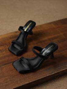 2026 Summer New Women's High Heel Slippers, Fashion Office Casual Party French Style Solid Color Square Toe Thin Heel Elegant Sandals, Suitable For Dresses - Black - View 1