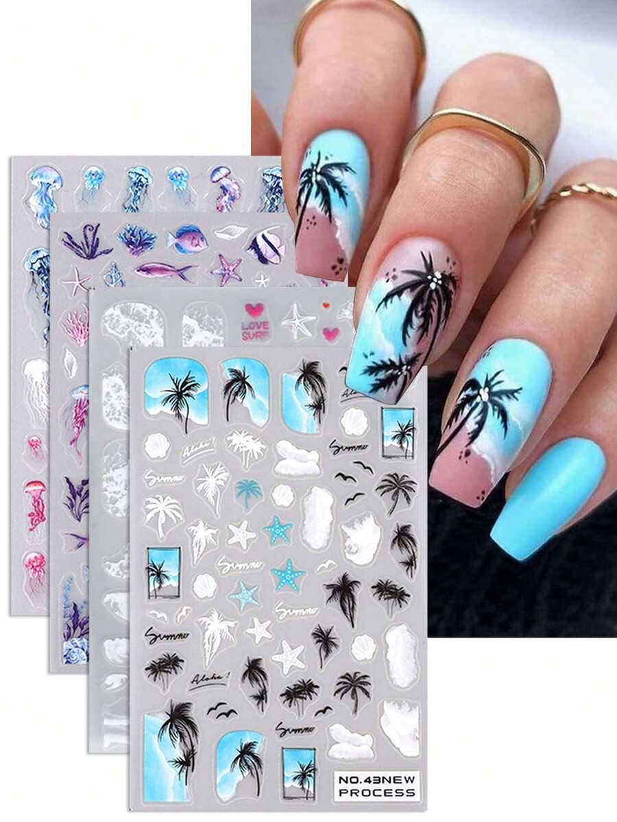 4pcs/Set Coconut Tree Summer Theme Nail Art Stickers, Including Jellyfish, Waves, Starfish, Seahorse And Fish Patterns. Colors Available In White, Blue And Purple, Suitable For Beach And Sand Theme. These DIY Self-Adhesive Stickers Can Be Used For Nail Art Decoration Accessories. - Multicolor - View 1