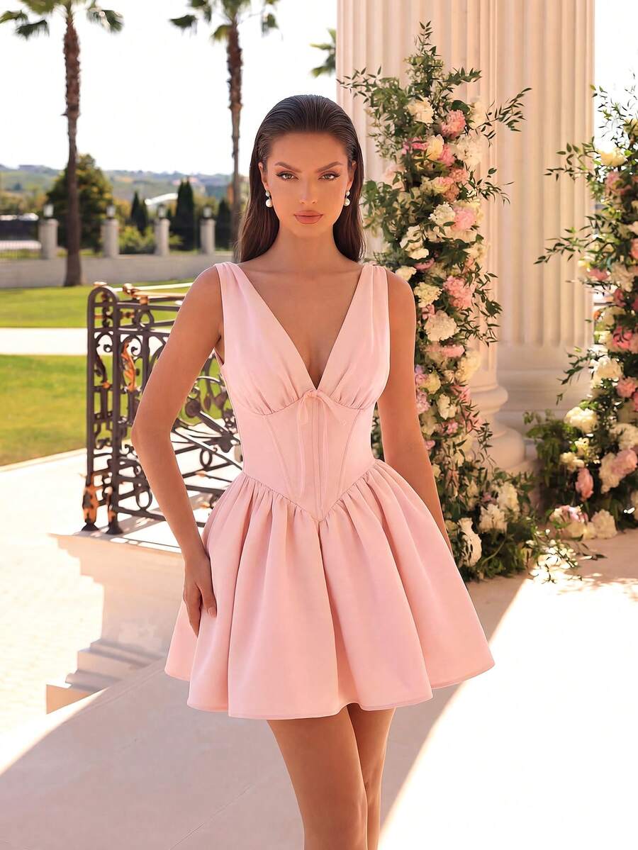 ADYCE Elegant V-Neck Bow Ruched Waist Fishtail Zipper Mini Dress, Suitable For Parties, Birthdays, Galas, Weddings, Cocktail Events, Family Holidays Spring - Baby Pink - View 1