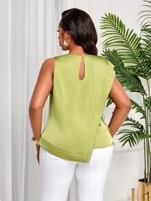 BIUBIU Top pour femmes grande taille vert olive en satin avec col drapé, sans manches, dos nu, décoration de boutons, ourlet asymétrique, élégant pour le travail, les fêtes et les rendez-vous d'été - Vert - Voir 2