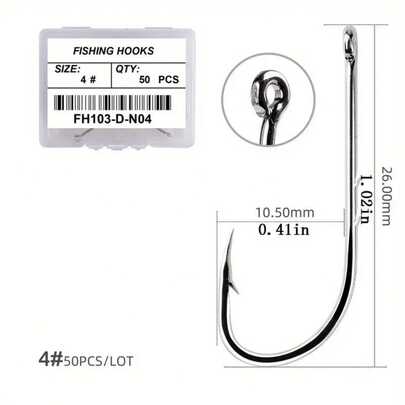 50个锋利长柄鱼钩 - 1-12号带钩眼，配便携式塑料盒 - 适用于淡水和海水垂钓 - 倒刺钩设计，提高上钩率 - 渔具配件