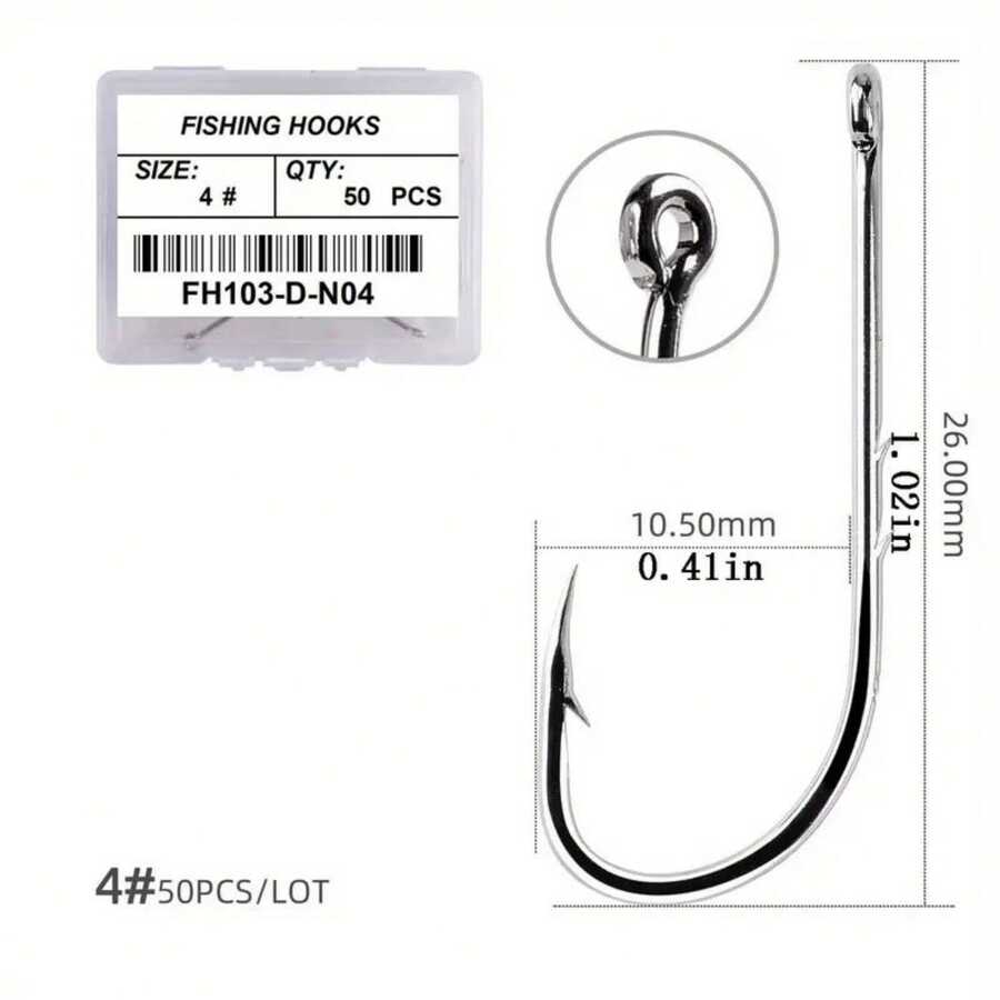 50pcs Sharp Long Shank Fishing Hooks - Size 1-12 Eyed Hooks, With Portable Plastic Box - Suitable For Freshwater And Saltwater Fishing - Barbed Hooks For Higher Catch Rate - Fishing Tackle Accessories - Silver - View 1