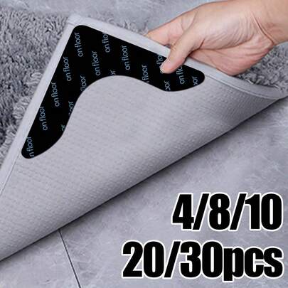 4/8/10/20/30 piezas Agarradores reutilizables y lavables para alfombras, altamente adhesivos y delgados, cinta adhesiva extraíble para alfombras, almohadillas antideslizantes de doble cara para pisos de madera dura y esquinas de alfombras, evita que las esquinas de las alfombras se enrollen