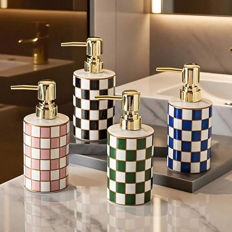1 Pc 300Ml Ceramic Soap Dispenser Featuring A Multi-Colored Checkerboard Pattern, Designed In A Cylindrical Shape For Refilling. Ideal For Hand Soap, Shower Gel, Shampoo, And Lotion, It Is Perfect For Use In Homes, Kitchens, Bathrooms, And Hotels - Checkerboard Lotion Bottle - View 1